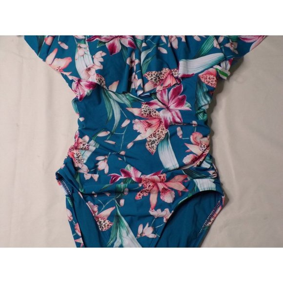 LA BLANCA Off Shoulder Flyaway Orchid Floral Print One Piece Swimsuit 10 NEW - Picture 5 of 7